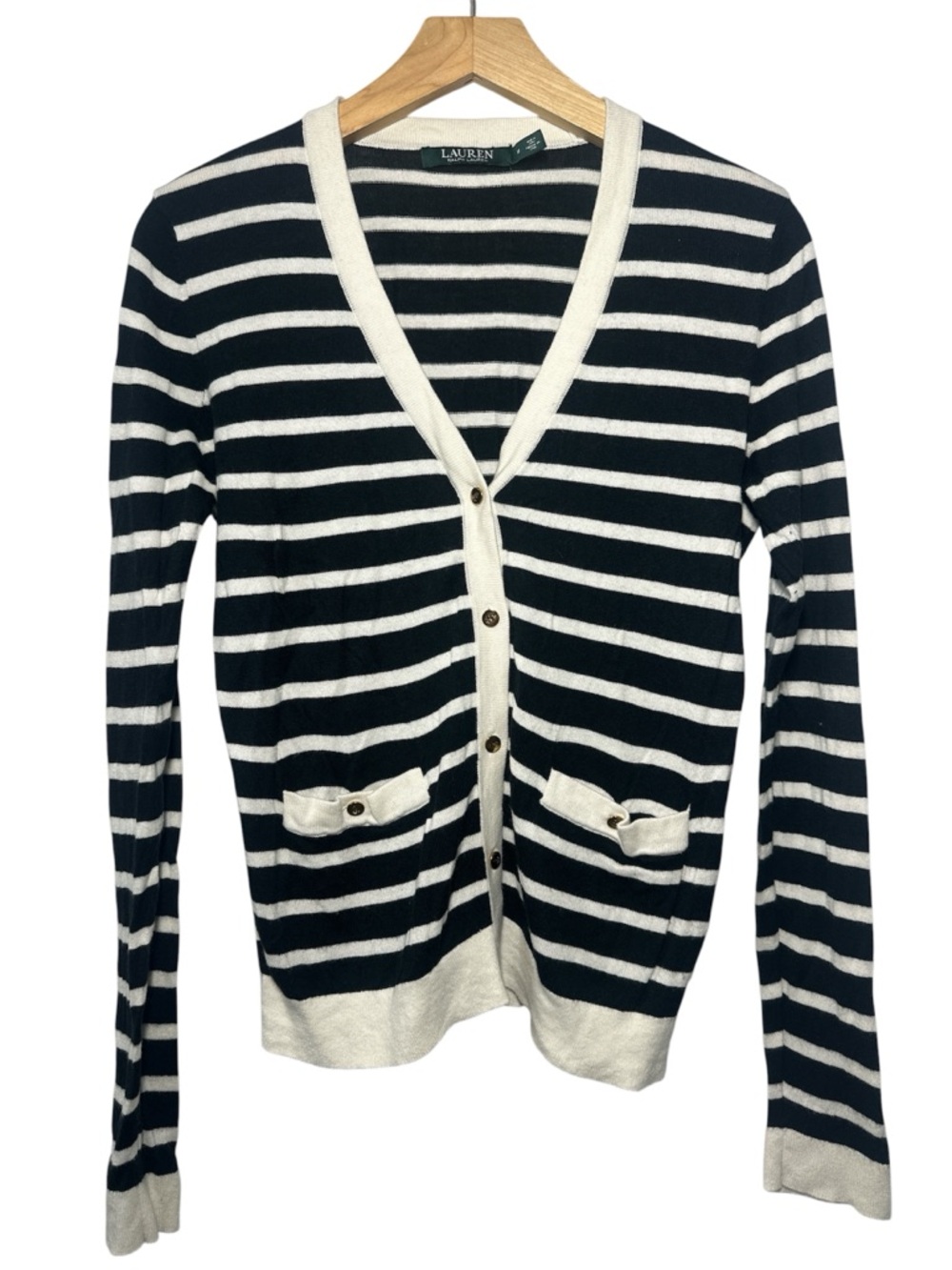 Ralph Lauren Black and White Striped V-Neck Cardigan